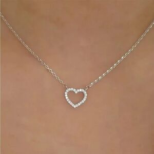 Silver Heart Pendant Necklace Crystal Rhinestone Delicate Dainty Minimalist